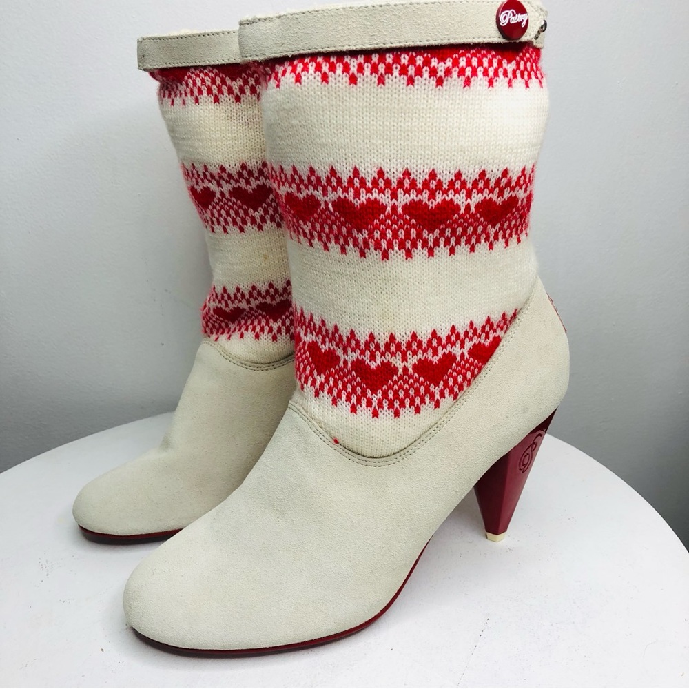 Pastry "SASHA" White Suede Red and White hearts Knit Heeled boots SZ 9. R2